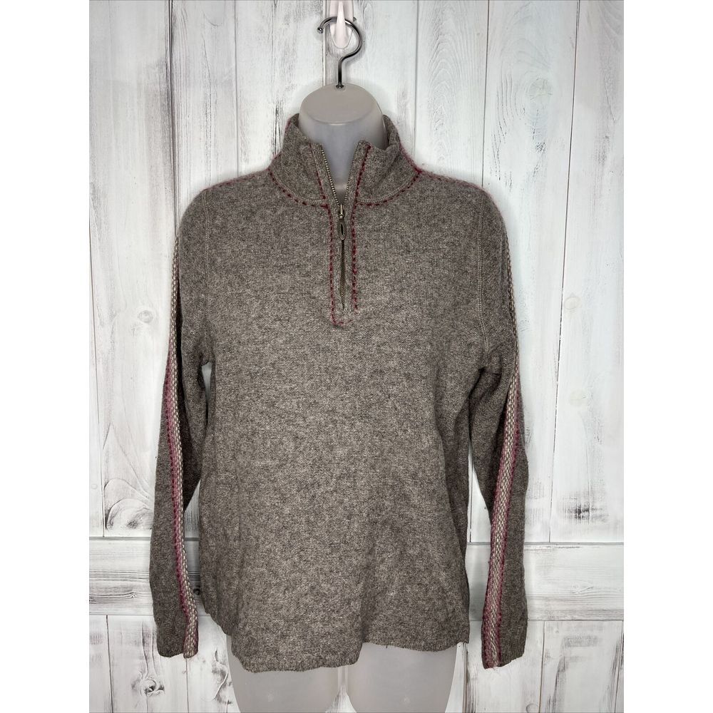 CHRISTOPHER BANKS GRAY 100% WOOL HAND EMBROIDERED 1/4 ZIP PULLOVER SWEATER L